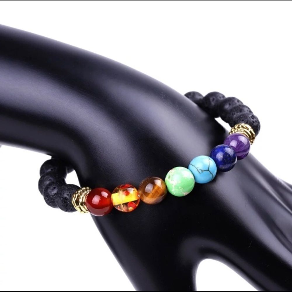 Set of (2) Essential Oil Diffuser Chakra / Black Lava Rock Stone Bead Bracelets - Picture 9 of 9